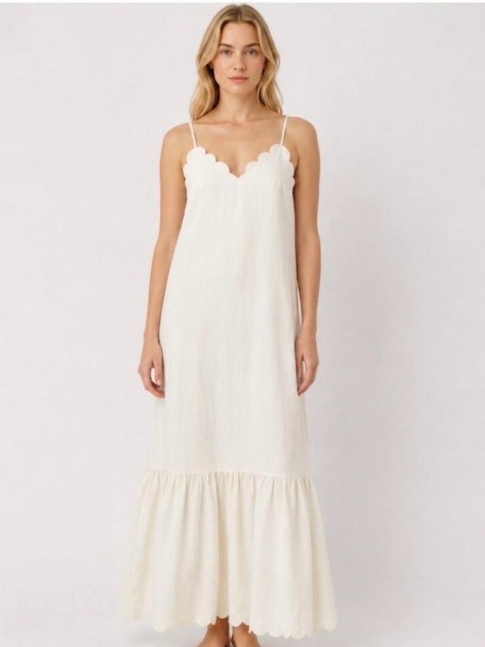 sundays Cream Scallop-Edge Maxi Slip Dress